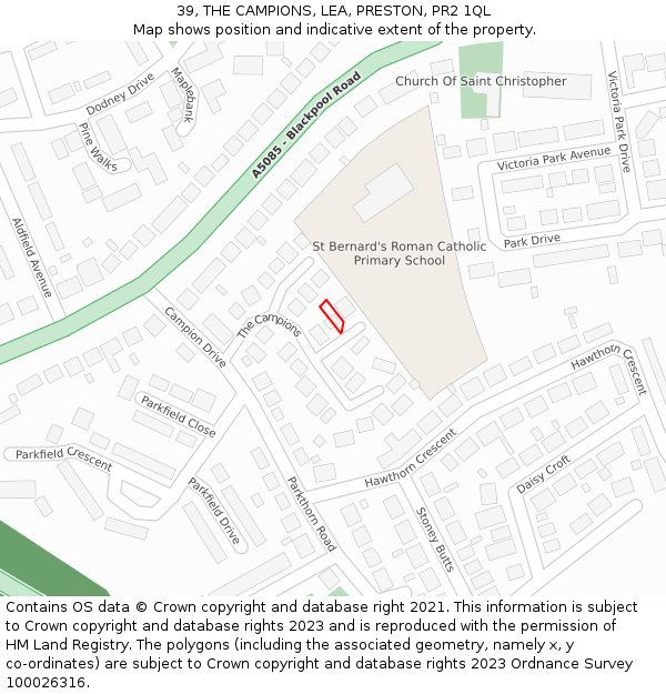 39, THE CAMPIONS, LEA, PRESTON, PR2 1QL: Location map and indicative extent of plot