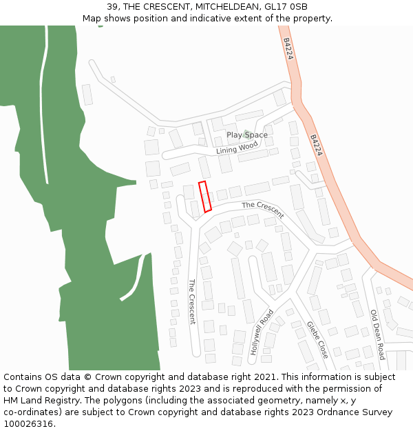 39, THE CRESCENT, MITCHELDEAN, GL17 0SB: Location map and indicative extent of plot