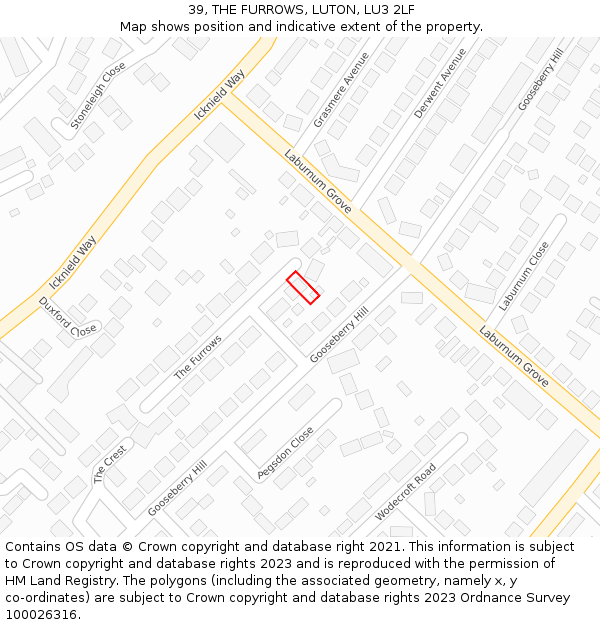 39, THE FURROWS, LUTON, LU3 2LF: Location map and indicative extent of plot