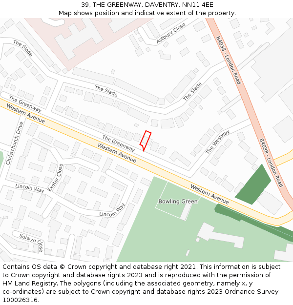 39, THE GREENWAY, DAVENTRY, NN11 4EE: Location map and indicative extent of plot