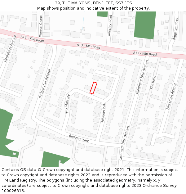 39, THE MALYONS, BENFLEET, SS7 1TS: Location map and indicative extent of plot