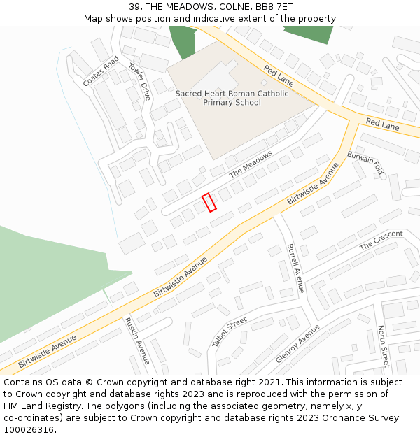 39, THE MEADOWS, COLNE, BB8 7ET: Location map and indicative extent of plot