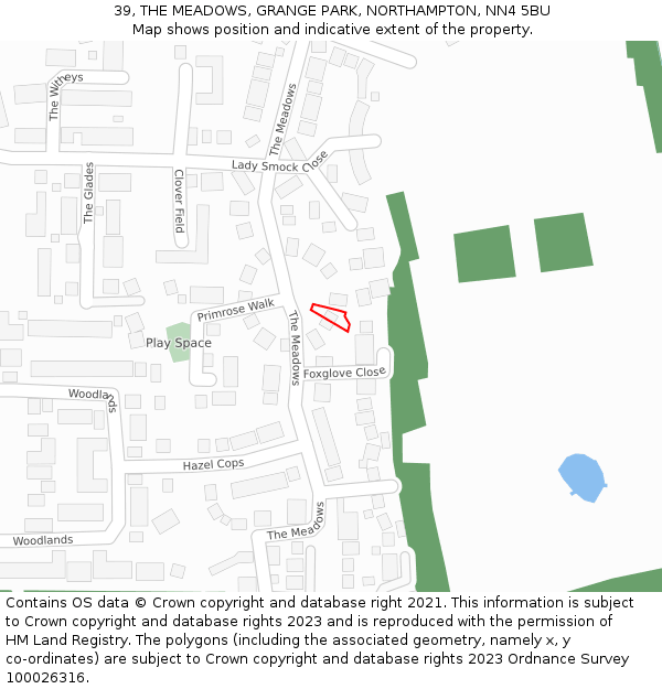 39, THE MEADOWS, GRANGE PARK, NORTHAMPTON, NN4 5BU: Location map and indicative extent of plot