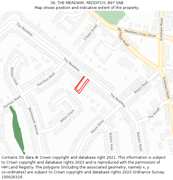 39, THE MEADWAY, REDDITCH, B97 5AB: Location map and indicative extent of plot