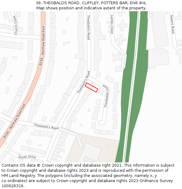 39, THEOBALDS ROAD, CUFFLEY, POTTERS BAR, EN6 4HL: Location map and indicative extent of plot