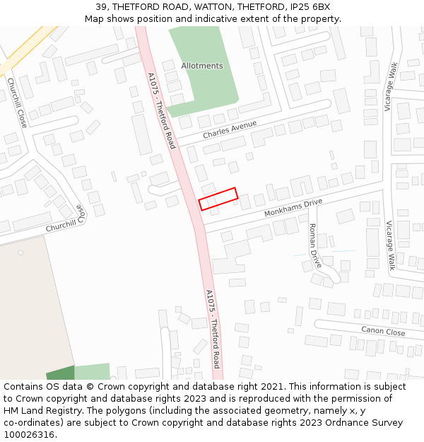 39, THETFORD ROAD, WATTON, THETFORD, IP25 6BX: Location map and indicative extent of plot