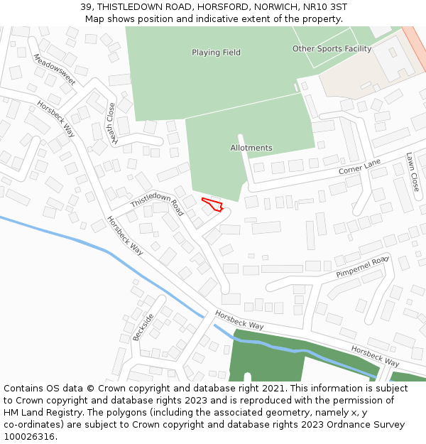 39, THISTLEDOWN ROAD, HORSFORD, NORWICH, NR10 3ST: Location map and indicative extent of plot