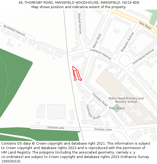 39, THORESBY ROAD, MANSFIELD WOODHOUSE, MANSFIELD, NG19 8DE: Location map and indicative extent of plot