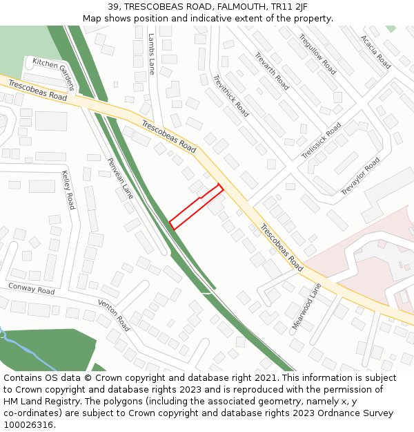 39, TRESCOBEAS ROAD, FALMOUTH, TR11 2JF: Location map and indicative extent of plot