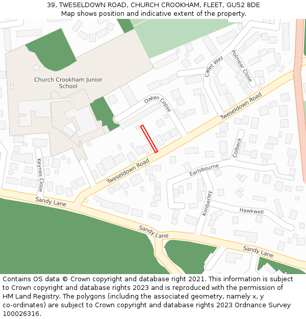 39, TWESELDOWN ROAD, CHURCH CROOKHAM, FLEET, GU52 8DE: Location map and indicative extent of plot