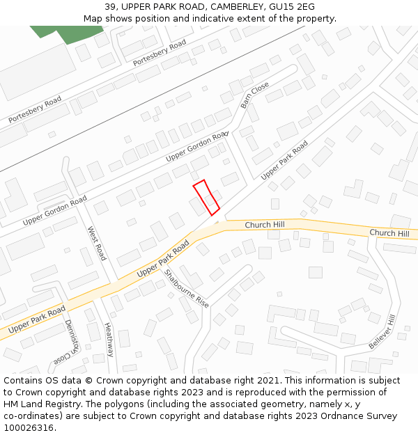 39, UPPER PARK ROAD, CAMBERLEY, GU15 2EG: Location map and indicative extent of plot