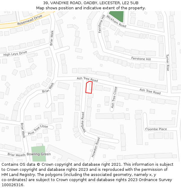 39, VANDYKE ROAD, OADBY, LEICESTER, LE2 5UB: Location map and indicative extent of plot