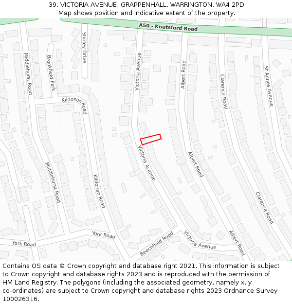 39, VICTORIA AVENUE, GRAPPENHALL, WARRINGTON, WA4 2PD: Location map and indicative extent of plot