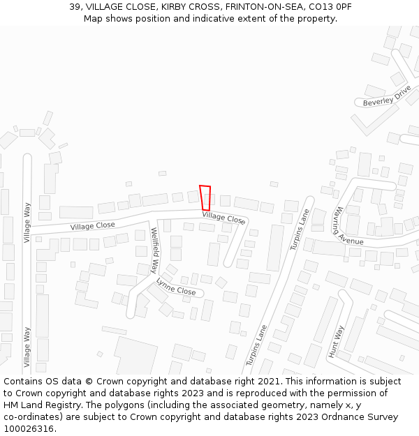 39, VILLAGE CLOSE, KIRBY CROSS, FRINTON-ON-SEA, CO13 0PF: Location map and indicative extent of plot