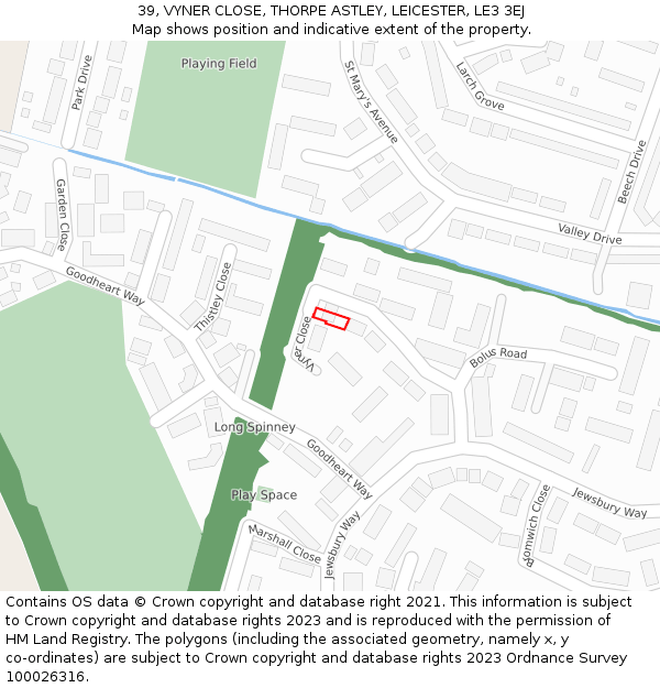 39, VYNER CLOSE, THORPE ASTLEY, LEICESTER, LE3 3EJ: Location map and indicative extent of plot