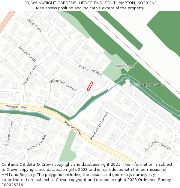 39, WAINWRIGHT GARDENS, HEDGE END, SOUTHAMPTON, SO30 2NF: Location map and indicative extent of plot
