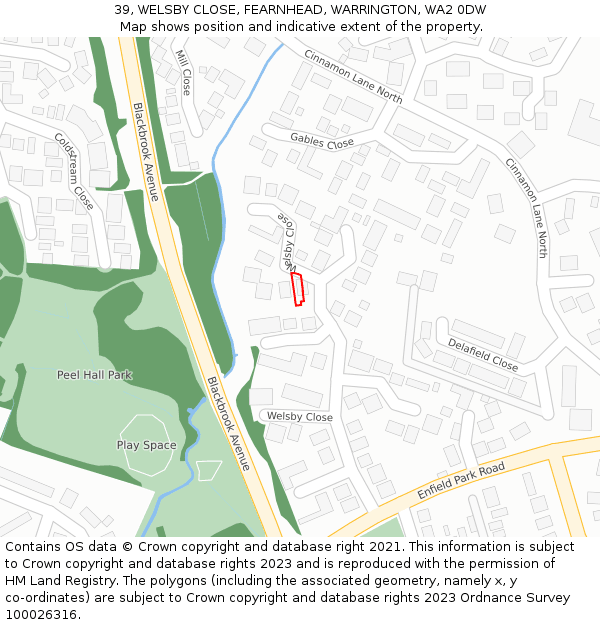 39, WELSBY CLOSE, FEARNHEAD, WARRINGTON, WA2 0DW: Location map and indicative extent of plot
