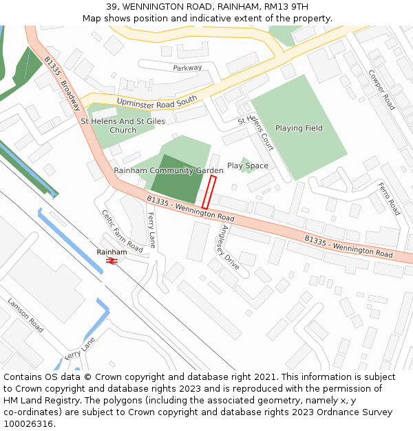 39, WENNINGTON ROAD, RAINHAM, RM13 9TH: Location map and indicative extent of plot