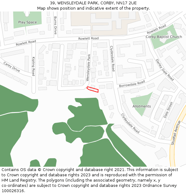 39, WENSLEYDALE PARK, CORBY, NN17 2UE: Location map and indicative extent of plot