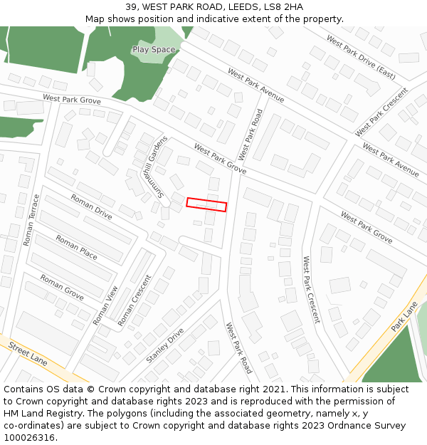 39, WEST PARK ROAD, LEEDS, LS8 2HA: Location map and indicative extent of plot