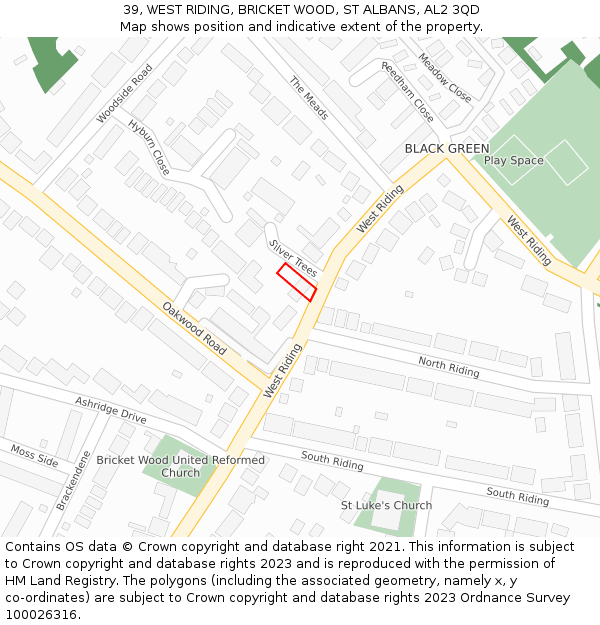 39, WEST RIDING, BRICKET WOOD, ST ALBANS, AL2 3QD: Location map and indicative extent of plot