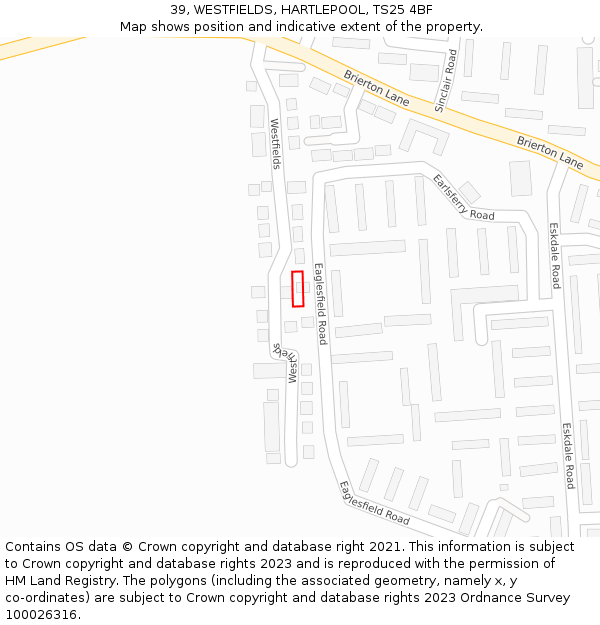 39, WESTFIELDS, HARTLEPOOL, TS25 4BF: Location map and indicative extent of plot
