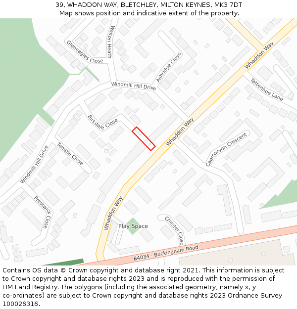 39, WHADDON WAY, BLETCHLEY, MILTON KEYNES, MK3 7DT: Location map and indicative extent of plot