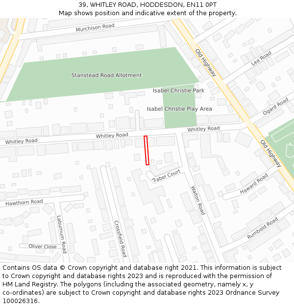 39, WHITLEY ROAD, HODDESDON, EN11 0PT: Location map and indicative extent of plot