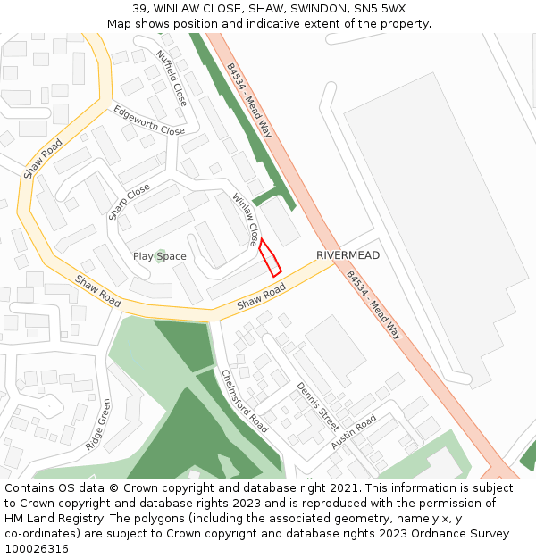 39, WINLAW CLOSE, SHAW, SWINDON, SN5 5WX: Location map and indicative extent of plot