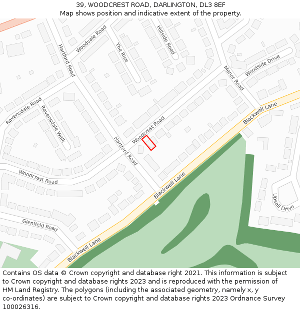 39, WOODCREST ROAD, DARLINGTON, DL3 8EF: Location map and indicative extent of plot