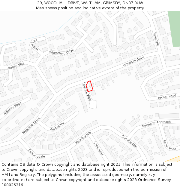 39, WOODHALL DRIVE, WALTHAM, GRIMSBY, DN37 0UW: Location map and indicative extent of plot