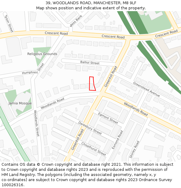 39, WOODLANDS ROAD, MANCHESTER, M8 9LF: Location map and indicative extent of plot