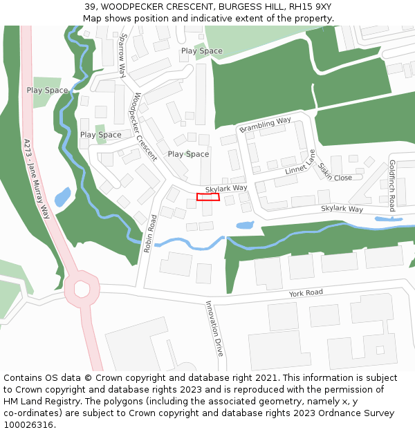 39, WOODPECKER CRESCENT, BURGESS HILL, RH15 9XY: Location map and indicative extent of plot