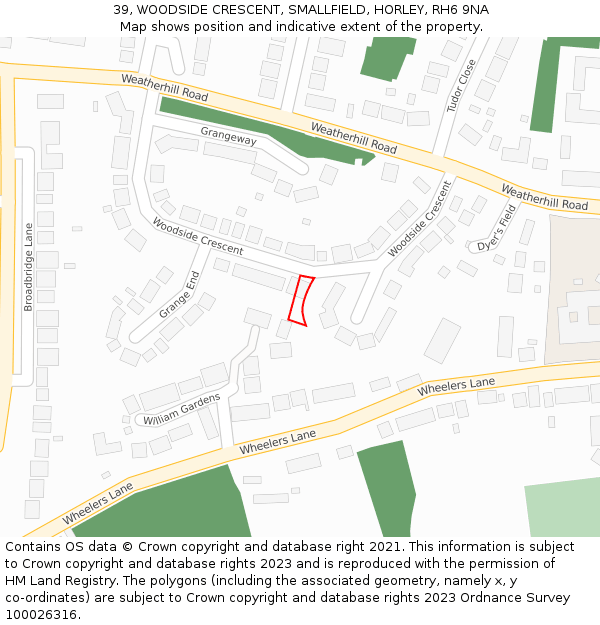 39, WOODSIDE CRESCENT, SMALLFIELD, HORLEY, RH6 9NA: Location map and indicative extent of plot