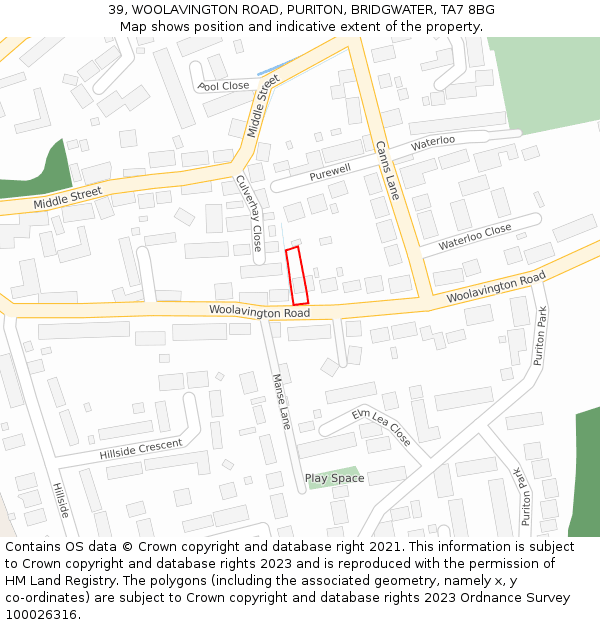 39, WOOLAVINGTON ROAD, PURITON, BRIDGWATER, TA7 8BG: Location map and indicative extent of plot