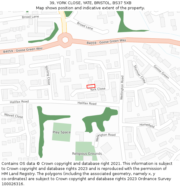 39, YORK CLOSE, YATE, BRISTOL, BS37 5XB: Location map and indicative extent of plot