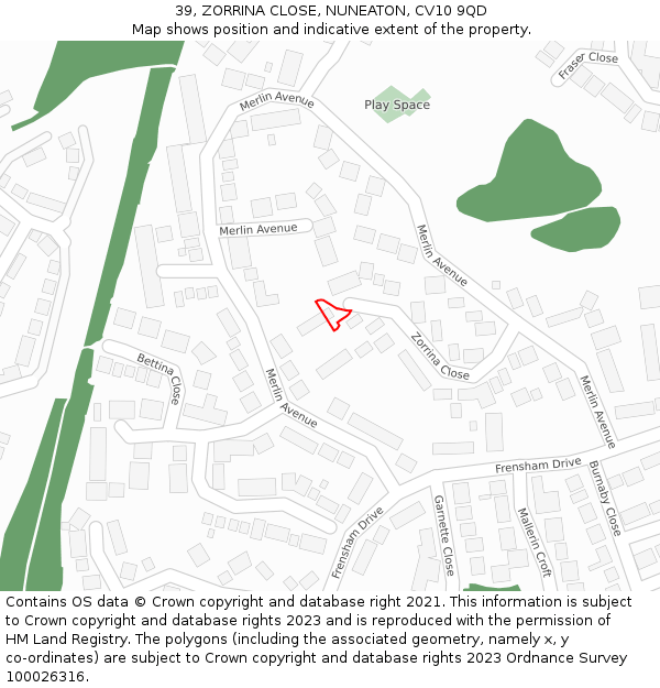 39, ZORRINA CLOSE, NUNEATON, CV10 9QD: Location map and indicative extent of plot