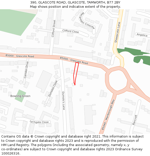 390, GLASCOTE ROAD, GLASCOTE, TAMWORTH, B77 2BY: Location map and indicative extent of plot