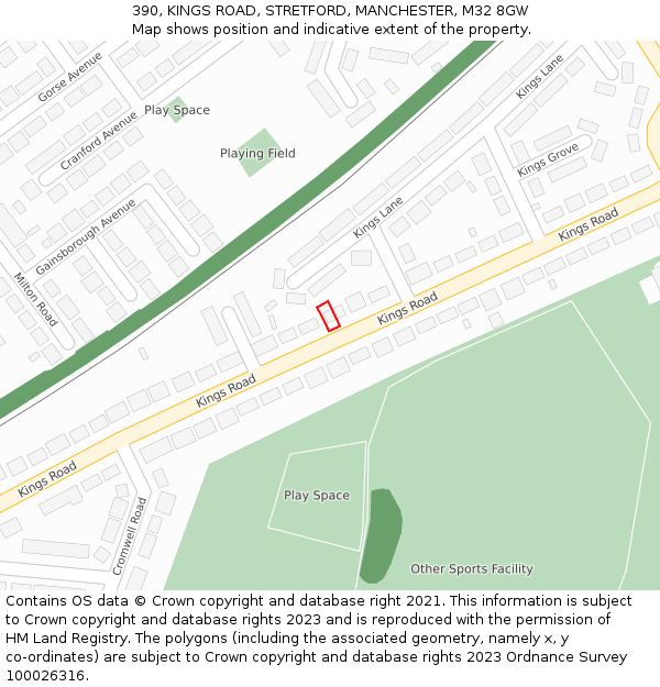 390, KINGS ROAD, STRETFORD, MANCHESTER, M32 8GW: Location map and indicative extent of plot