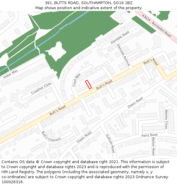 391, BUTTS ROAD, SOUTHAMPTON, SO19 1BZ: Location map and indicative extent of plot