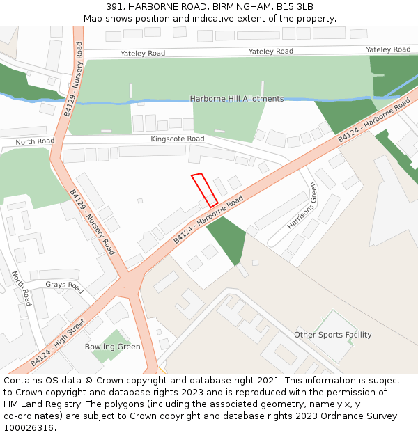 391, HARBORNE ROAD, BIRMINGHAM, B15 3LB: Location map and indicative extent of plot