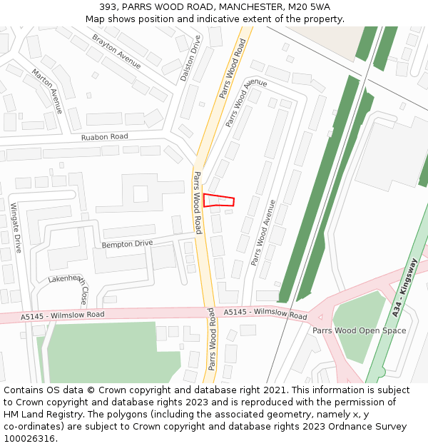 393, PARRS WOOD ROAD, MANCHESTER, M20 5WA: Location map and indicative extent of plot