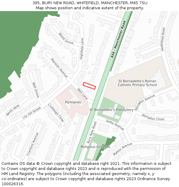 395, BURY NEW ROAD, WHITEFIELD, MANCHESTER, M45 7SU: Location map and indicative extent of plot