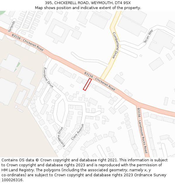 395, CHICKERELL ROAD, WEYMOUTH, DT4 9SX: Location map and indicative extent of plot