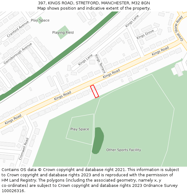 397, KINGS ROAD, STRETFORD, MANCHESTER, M32 8GN: Location map and indicative extent of plot