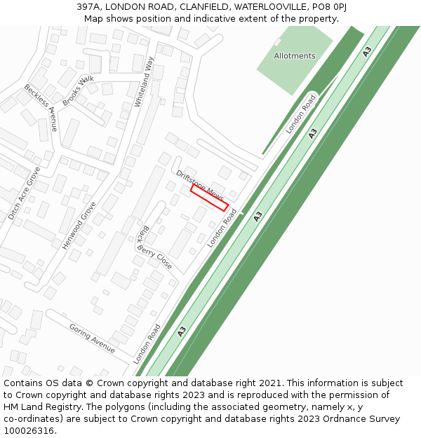 397A, LONDON ROAD, CLANFIELD, WATERLOOVILLE, PO8 0PJ: Location map and indicative extent of plot