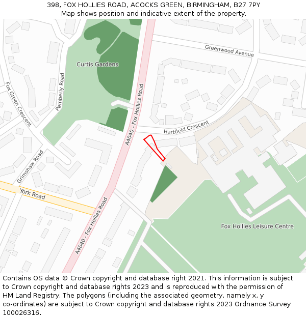 398, FOX HOLLIES ROAD, ACOCKS GREEN, BIRMINGHAM, B27 7PY: Location map and indicative extent of plot