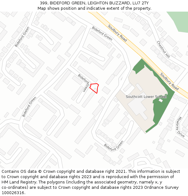 399, BIDEFORD GREEN, LEIGHTON BUZZARD, LU7 2TY: Location map and indicative extent of plot