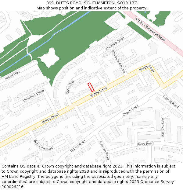 399, BUTTS ROAD, SOUTHAMPTON, SO19 1BZ: Location map and indicative extent of plot