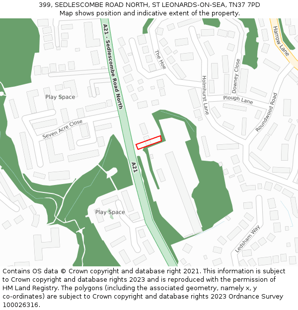 399, SEDLESCOMBE ROAD NORTH, ST LEONARDS-ON-SEA, TN37 7PD: Location map and indicative extent of plot